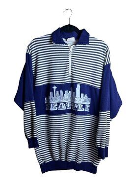 Vintage Seattle Skyline Striped Quarter Zip Pullover 90s